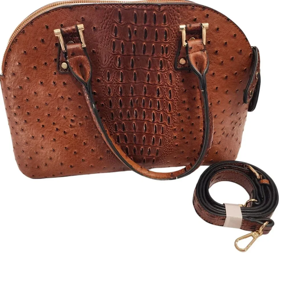 Brown Ostrich Embossed Leather‎ Satchel Bag Crossbody Strap Gold Hardware